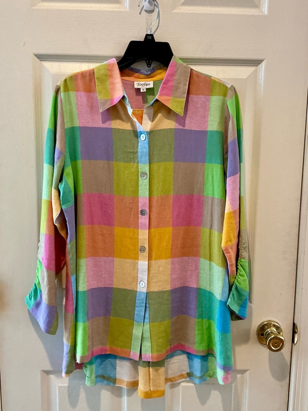 Toofan Linen Boho Relaxed Lagenlook Multi Chunky Checks Button-Down Shirt Med